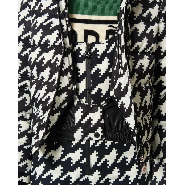 Perfect Moment Polar Flare Down Jacket in Black and Snow White Houndstooth, view 6 | Jackets | Coveti
