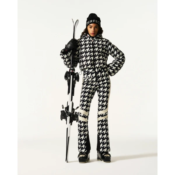 Perfect Moment Polar Flare Down Ski Suit in Black and White Houndstooth, view 2 | Jumpsuit | Coveti