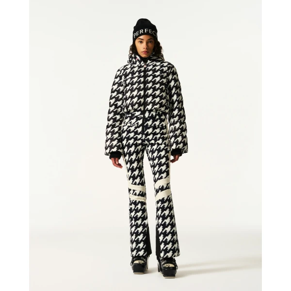 Perfect Moment Polar Flare Down Ski Suit in Black and White Houndstooth, view 3 | Jumpsuit | Coveti