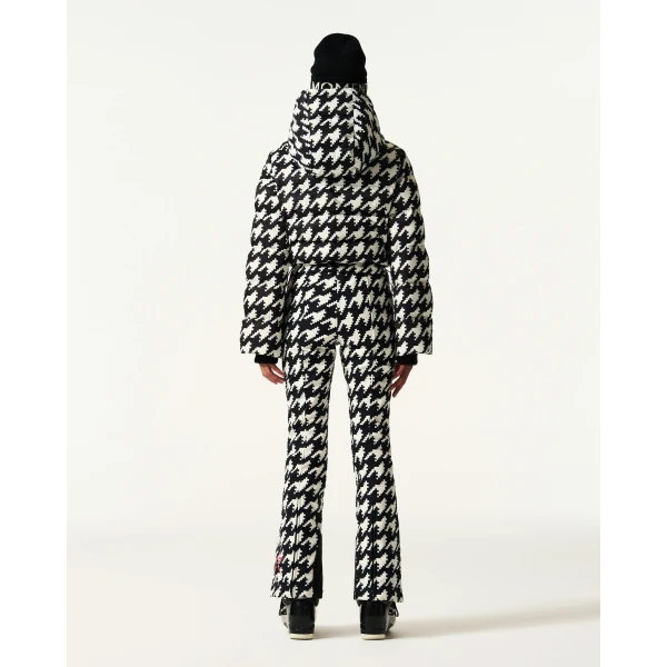 Perfect Moment Polar Flare Down Ski Suit in Black and White Houndstooth, view 4 | Jumpsuit | Coveti