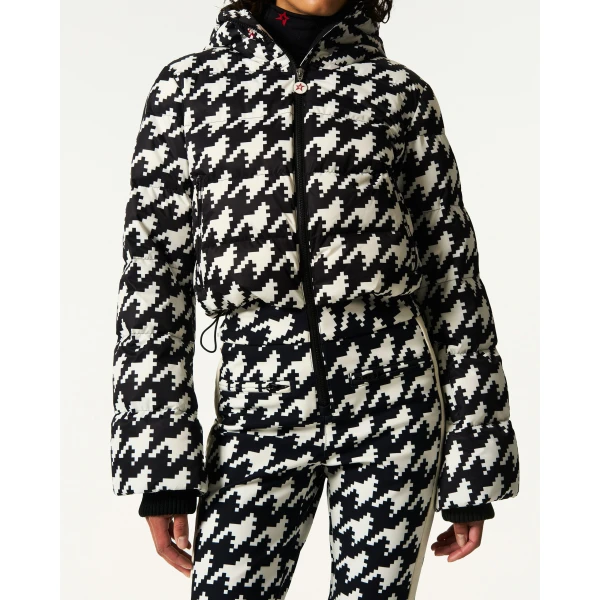 Perfect Moment Polar Flare Down Ski Suit in Black and White Houndstooth, view 5 | Jumpsuit | Coveti