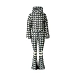 Perfect Moment Polar Flare Down Ski Suit in Black and White Houndstooth | Jumpsuit | Coveti