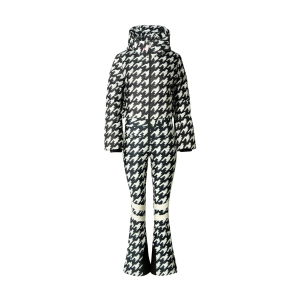 Perfect Moment Polar Flare Down Ski Suit in Black and White Houndstooth | Jumpsuit | Coveti
