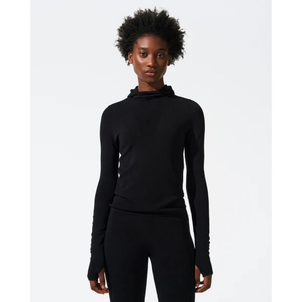 Perfect Moment Seamless Hooded Base Layer Top in Black, view 2 | Long Sleeve | Coveti