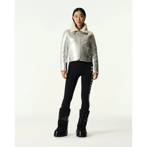 Perfect Moment Sloan Metallic Leather Aviator Jacket in Silver, view 2 | Leather Jackets | Coveti