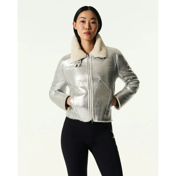 Perfect Moment Sloan Metallic Leather Aviator Jacket in Silver, view 3 | Leather Jackets | Coveti