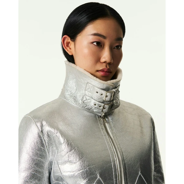 Perfect Moment Sloan Metallic Leather Aviator Jacket in Silver, view 4 | Leather Jackets | Coveti