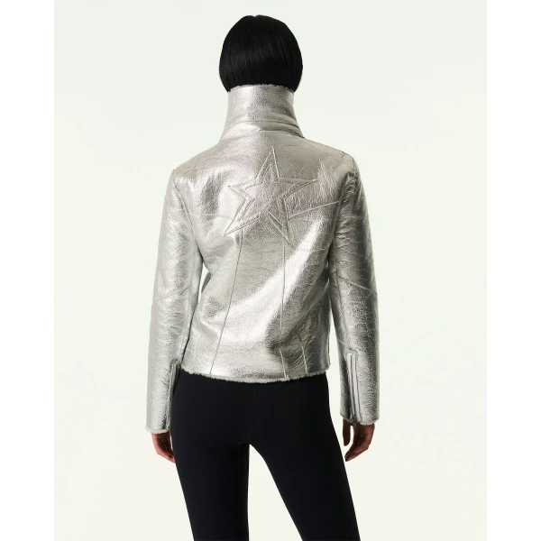 Perfect Moment Sloan Metallic Leather Aviator Jacket in Silver, view 5 | Leather Jackets | Coveti