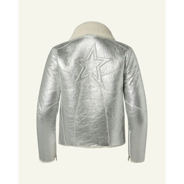 Perfect Moment Sloan Metallic Leather Aviator Jacket in Silver, view 6 | Leather Jackets | Coveti