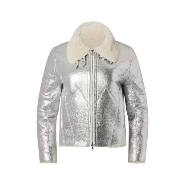 Perfect Moment Sloan Metallic Leather Aviator Jacket in Silver | Leather Jackets | Coveti