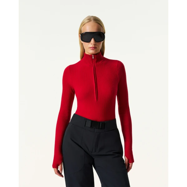 Perfect Moment Wool Blend Base Layer Bodysuit in Red, view 3 | Bodysuit | Coveti
