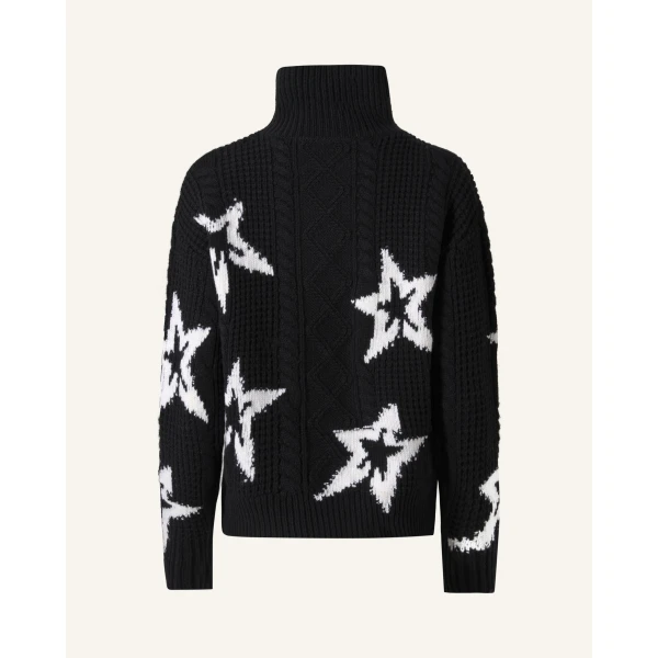 Perfect Moment Wool Cable Star Turtleneck Sweater in Black, view 2 | Turtlenecks | Coveti
