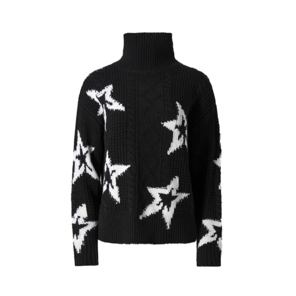 Perfect Moment Wool Cable Star Turtleneck Sweater in Black | Turtlenecks | Coveti