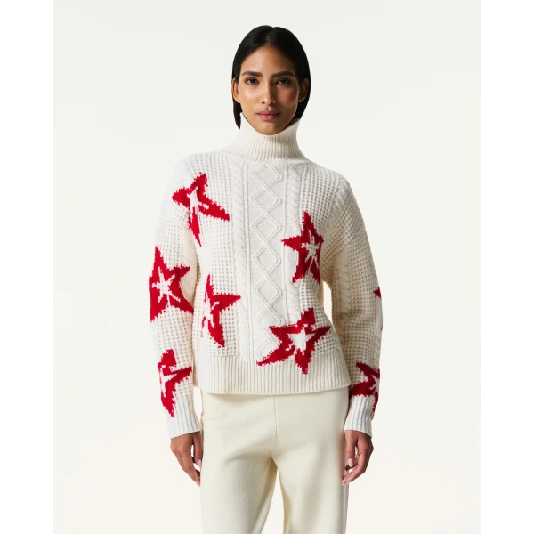Perfect Moment Wool Cable Star Turtleneck Sweater in Cream, view 3 | Turtlenecks | Coveti