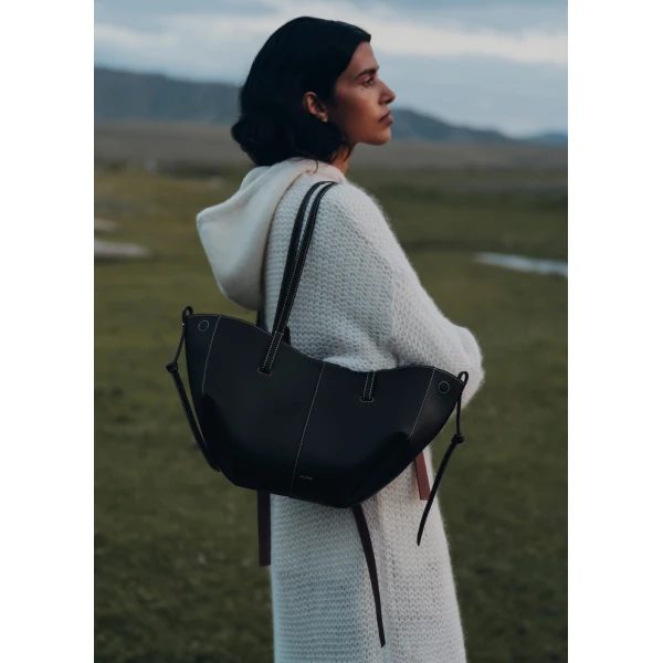 Polène Cyme Mini in Textured Black with Ecru Stitching Bag, view 2 | Mini Bags | Coveti