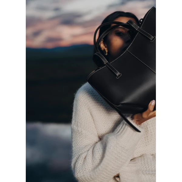 Polène Cyme Mini in Textured Black with Ecru Stitching Bag, view 4 | Mini Bags | Coveti