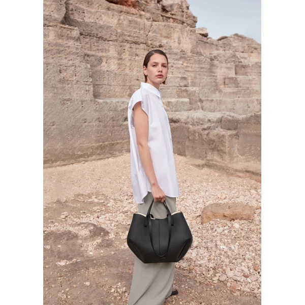 Polène Cyme in Textured Black Bag, view 3 | Totes & Top-Handle Bags | Coveti