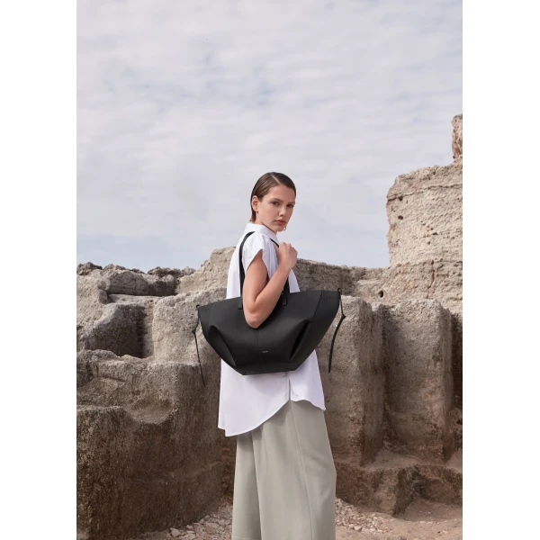 Polène Cyme in Textured Black Bag, view 4 | Totes & Top-Handle Bags | Coveti