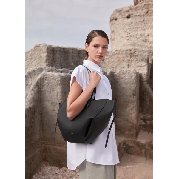 Polène Cyme in Textured Black Bag, view 5 | Totes & Top-Handle Bags | Coveti