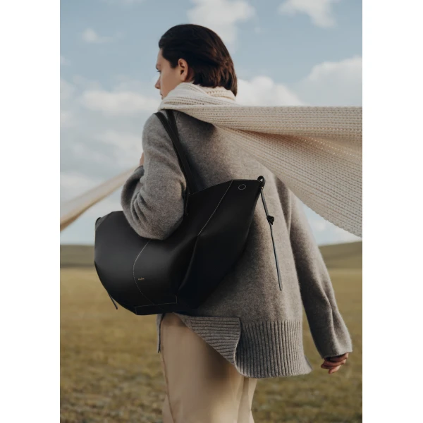 Polène Cyme in Textured Black with Ecru Stitching Bag, view 2 | Totes & Top-Handle Bags | Coveti