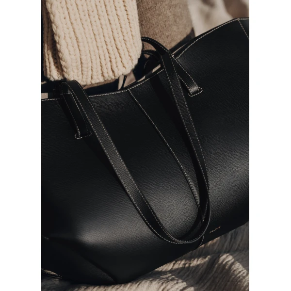 Polène Cyme in Textured Black with Ecru Stitching Bag, view 4 | Totes & Top-Handle Bags | Coveti