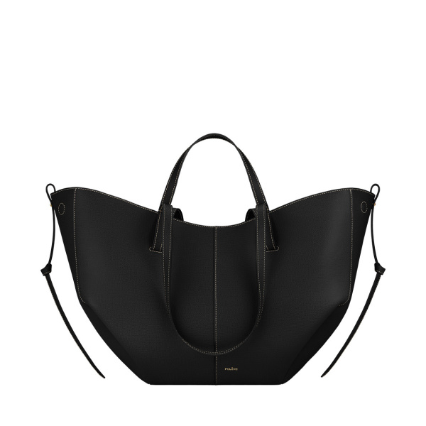 Polène Cyme in Textured Black with Ecru Stitching Bag | Totes & Top-Handle Bags | Coveti
