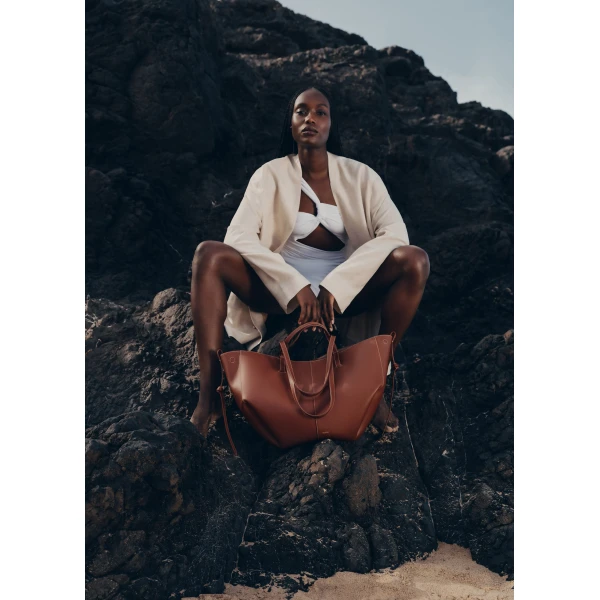 Polène Cyme in Textured Cognac Bag, view 3 | Totes & Top-Handle Bags | Coveti