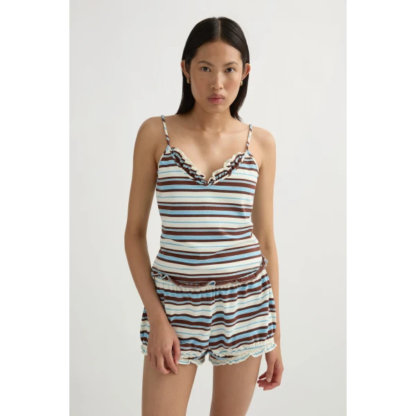 Posse Nadine Ruffle Tank in Chocolate Multi Stripe | Sleeveless | Coveti, view 2