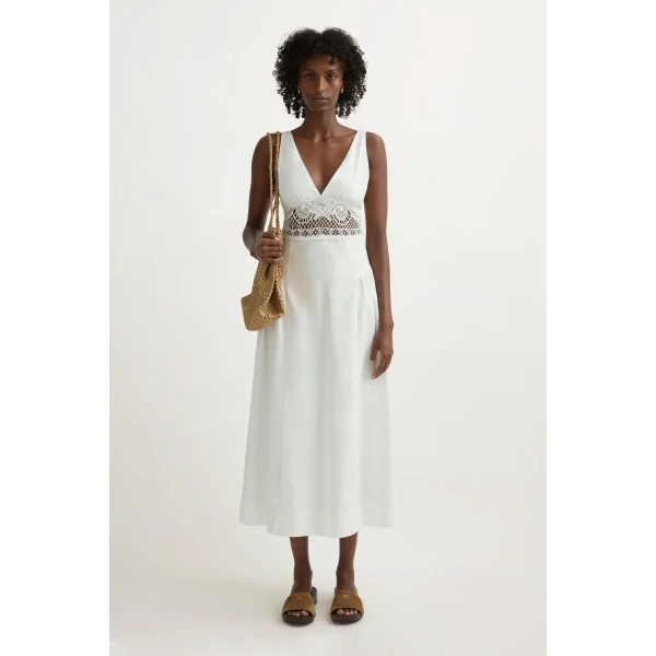 Posse Veda V-Neck Dress in Vintage White | Midi Dresses | Coveti, view 2