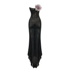 Rasario Asymmetric Embellished Corset Gown with a Train in Black
