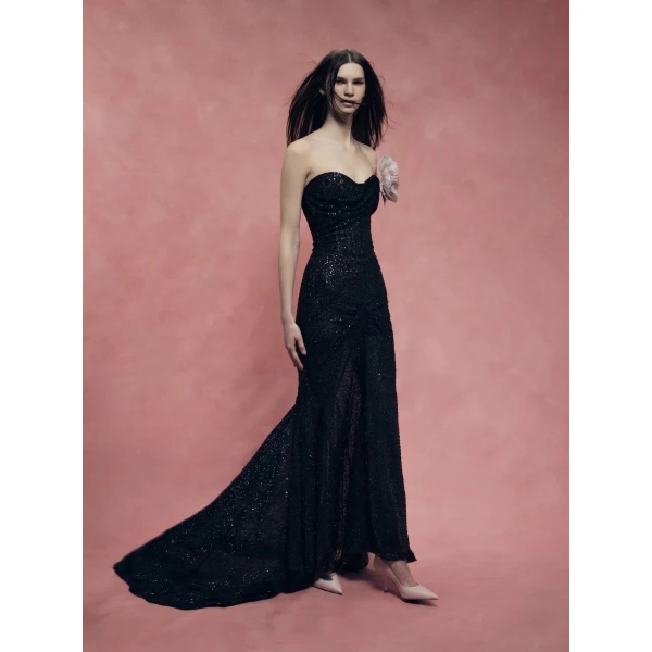Rasario Asymmetric Embellished Corset Gown with a Train in Black, view 3