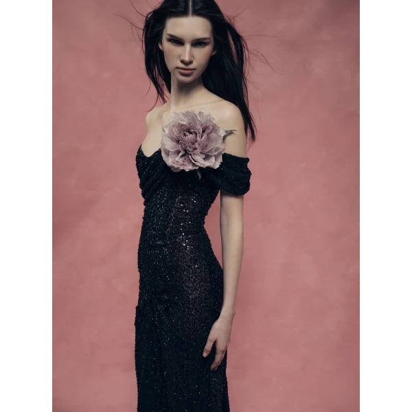 Rasario Asymmetric Embellished Corset Gown with a Train in Black, view 4