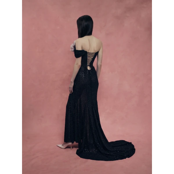 Rasario Asymmetric Embellished Corset Gown with a Train in Black, view 6