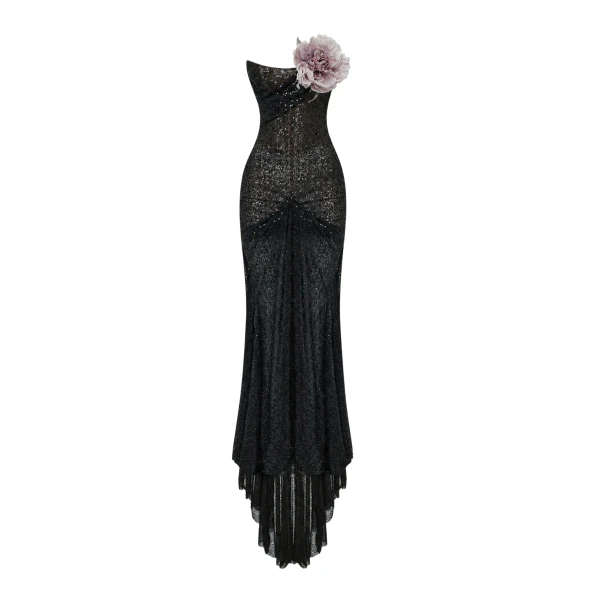 Rasario Asymmetric Embellished Corset Gown with a Train in Black