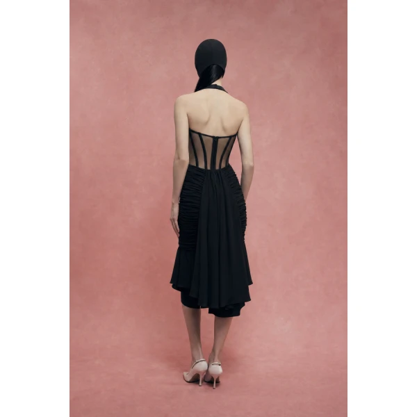 Rasario Corset Midi Halter Dress in Black, view 4