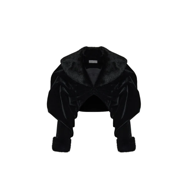 Cropped Velvet Coat with Faux Fur Inserts in Black