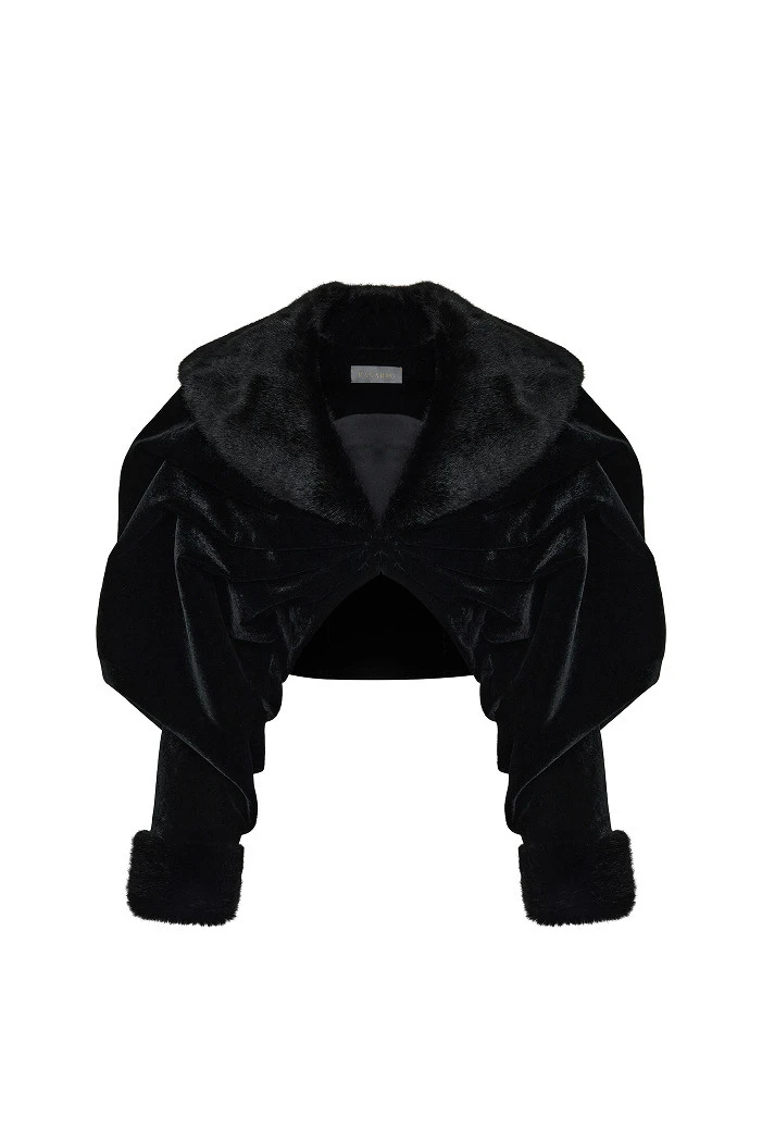 Cropped Velvet Coat with Faux Fur Inserts in Black
