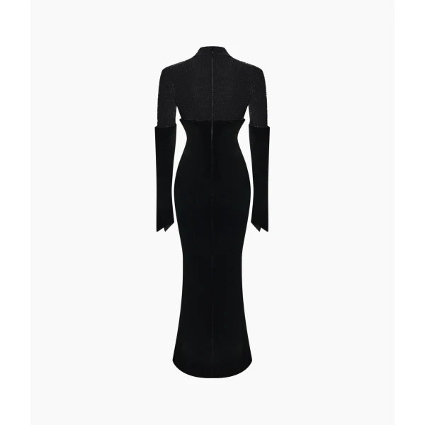 Rasario Crystal-Embellished Velvet Midi Dress in Black, view 2