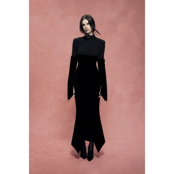 Rasario Crystal-Embellished Velvet Midi Dress in Black, view 3