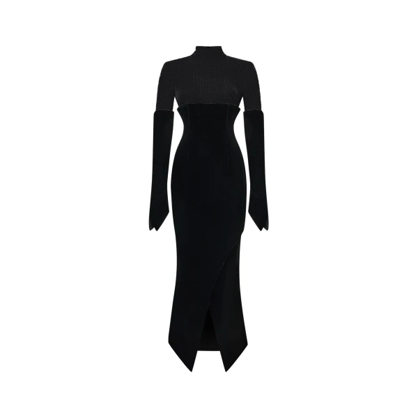 Crystal-Embellished Velvet Midi Dress in Black