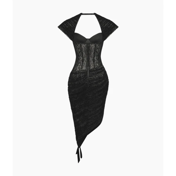 Rasario Lace Corset Midi Dress with Draped Skirt in Black, view 2