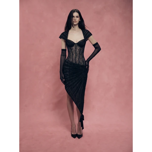 Rasario Lace Corset Midi Dress with Draped Skirt in Black, view 3