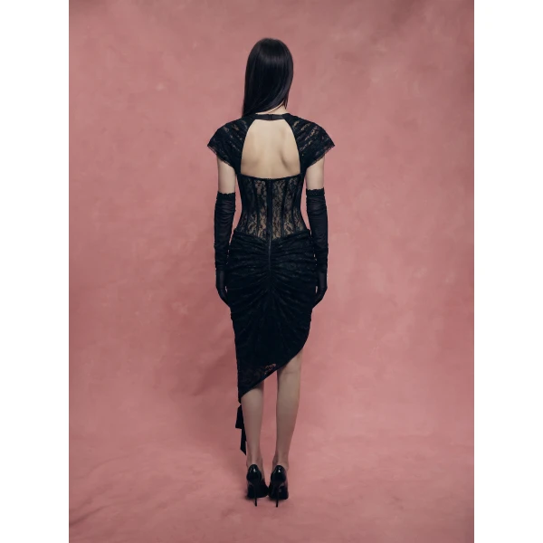 Rasario Lace Corset Midi Dress with Draped Skirt in Black, view 5