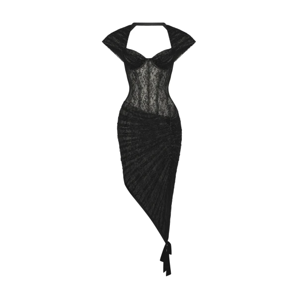Lace Corset Midi Dress with Draped Skirt in Black