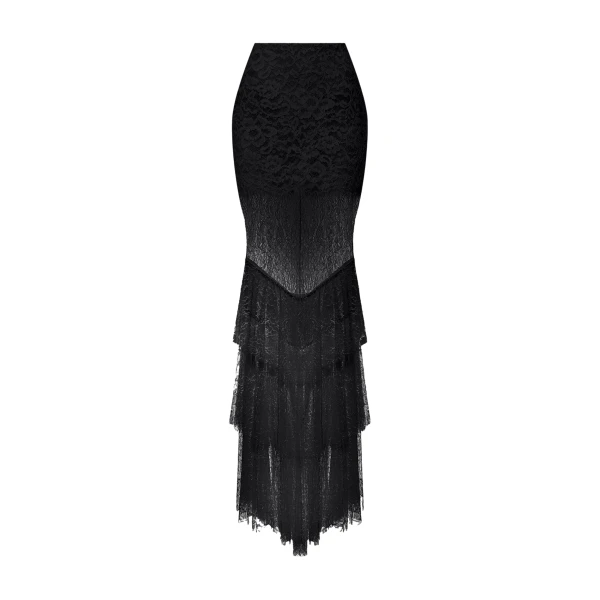 Lace Maxi Skirt with Tiered Ruffles in Black
