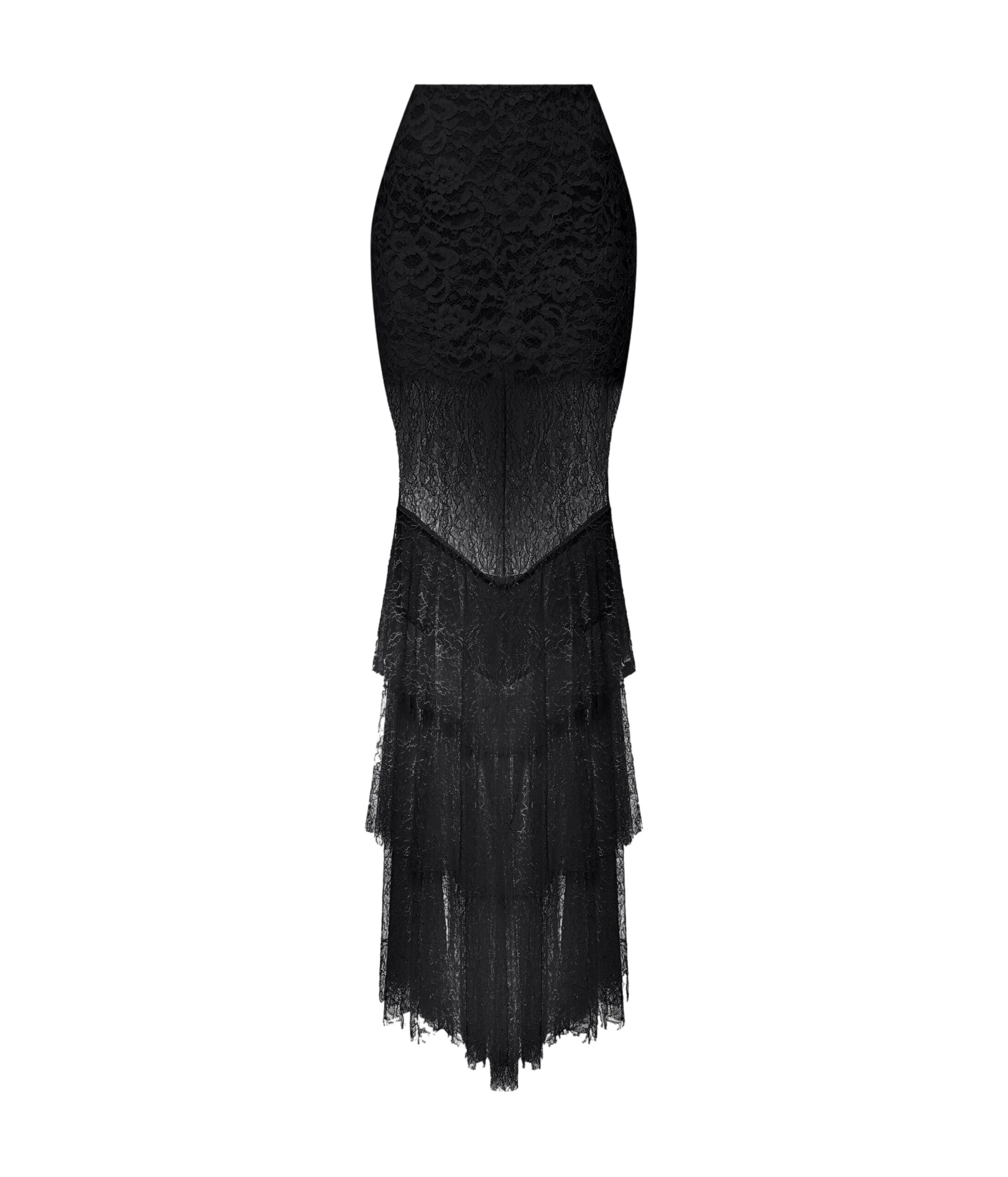 Lace Maxi Skirt with Tiered Ruffles in Black