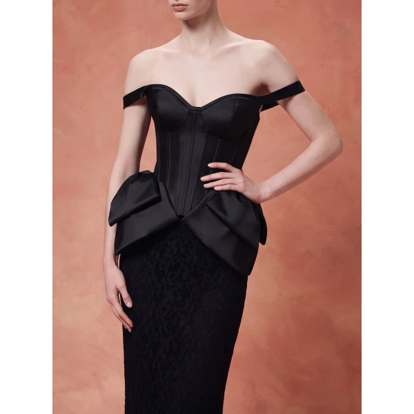 Rasario Laced Satin Corset with Panniers and Bows in Black, view 3