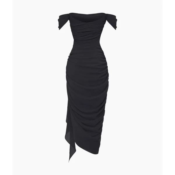 Rasario Off-Shoulder Corset Midi Dress in Black, view 2