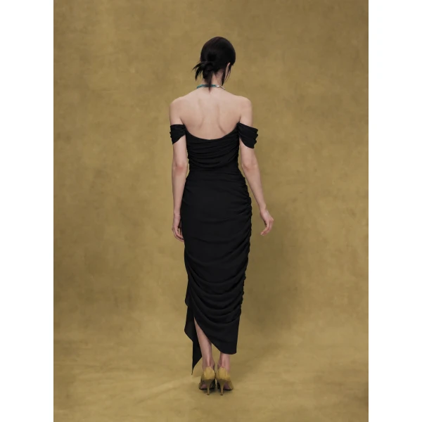 Rasario Off-Shoulder Corset Midi Dress in Black, view 4