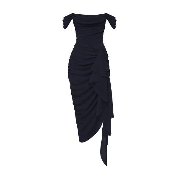 Rasario Off-Shoulder Corset Midi Dress in Black